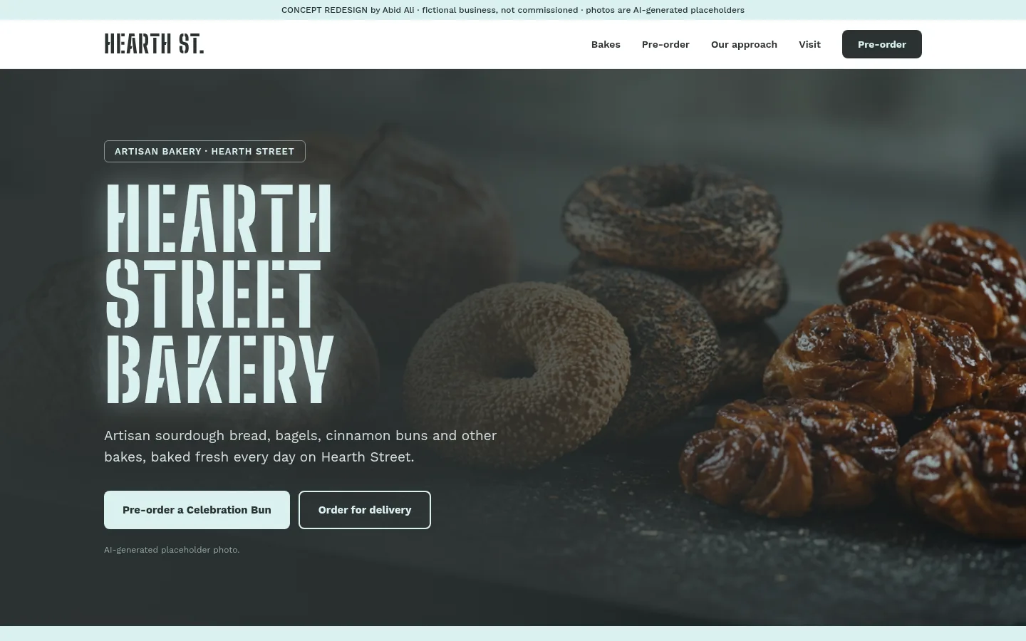 Homepage concept for an artisan bakery, with a wordmark and a pre-order flow