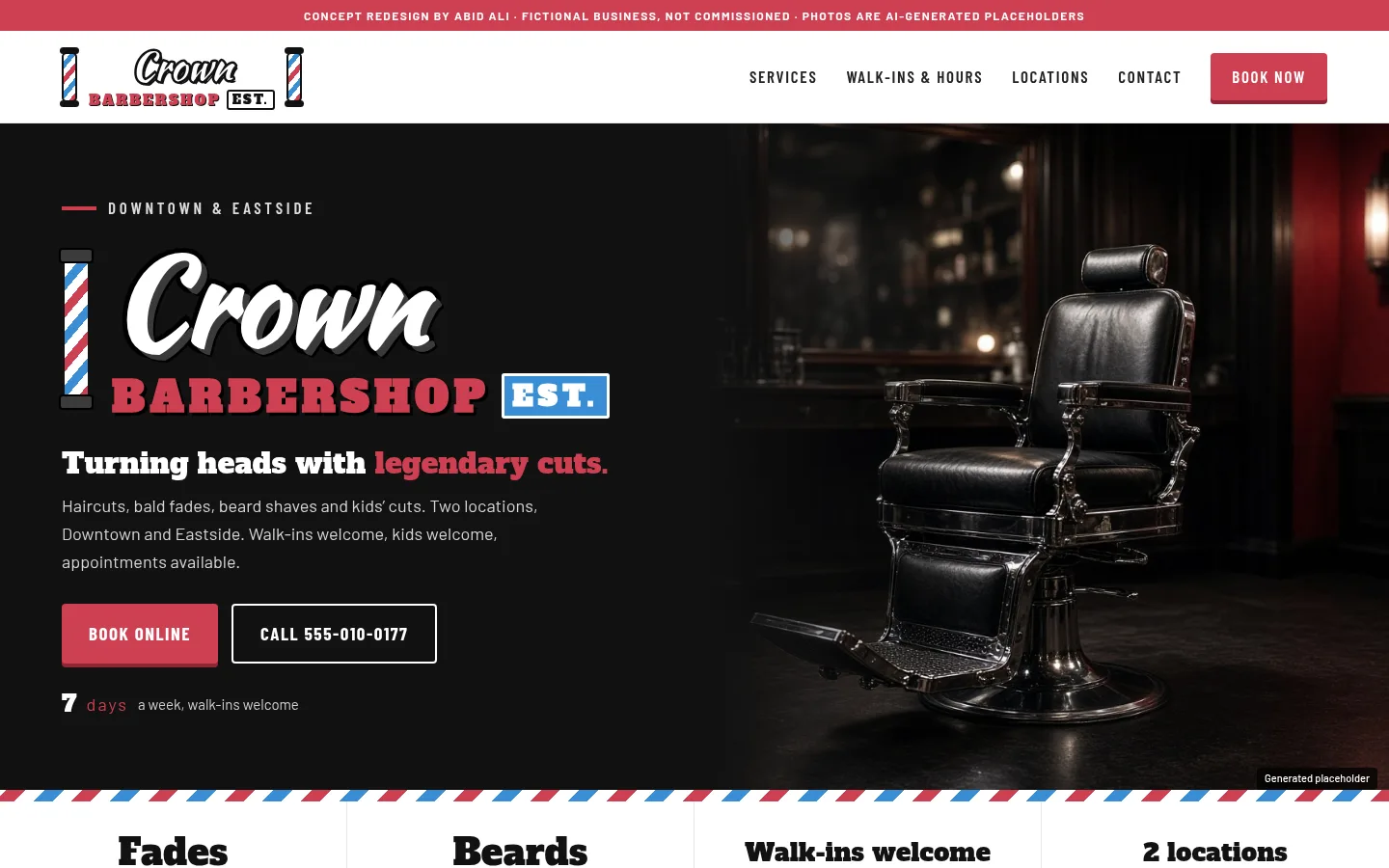 Homepage concept for a barbershop, with booking as the main action