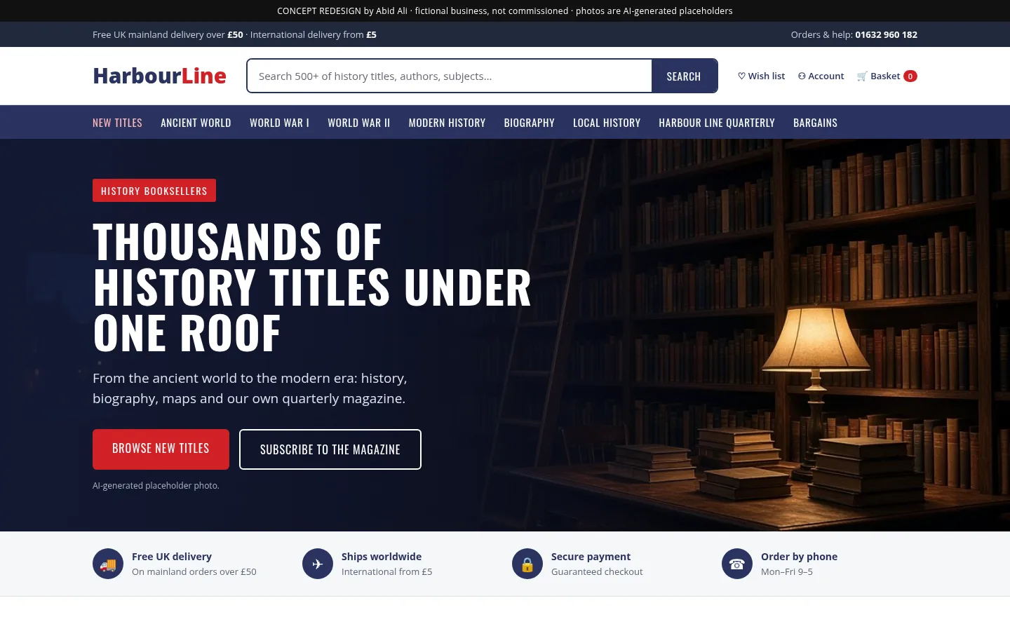 Homepage concept for a history bookshop, with search and categories