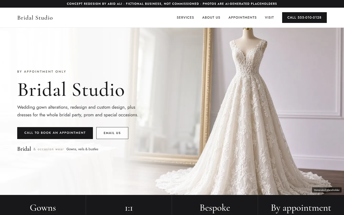Homepage concept for a bridal alterations studio, with an appointment-first layout