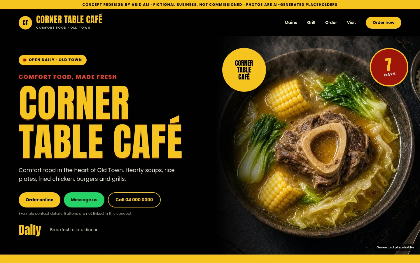 Homepage concept for a café, with an order-first layout