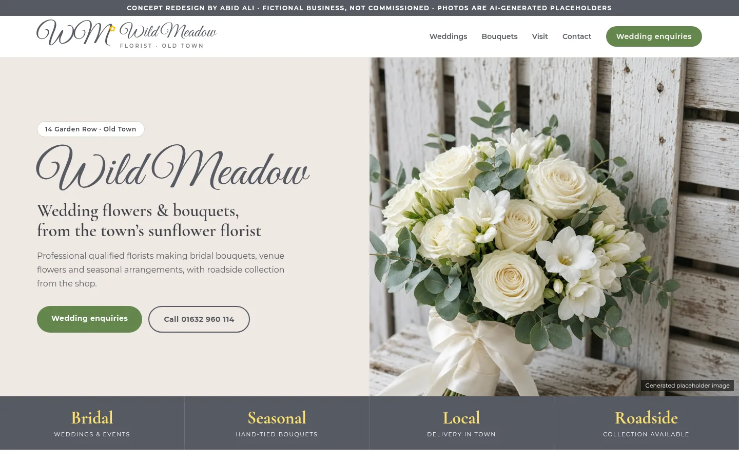 Homepage concept for a florist, with editorial type and a wedding enquiry