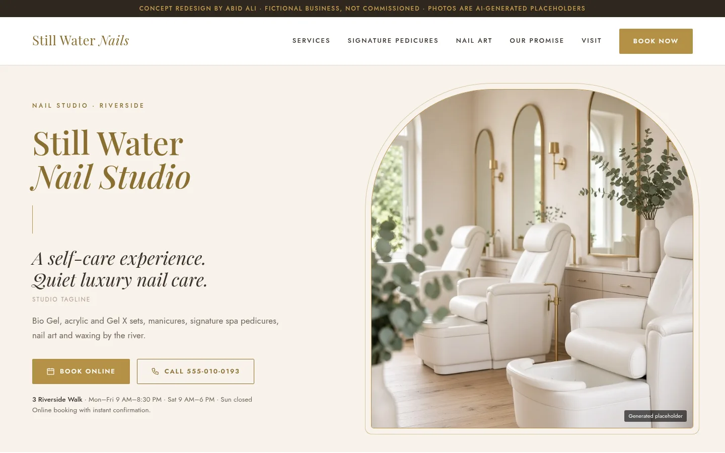 Homepage concept for a nail studio, with a calm appointment-led layout