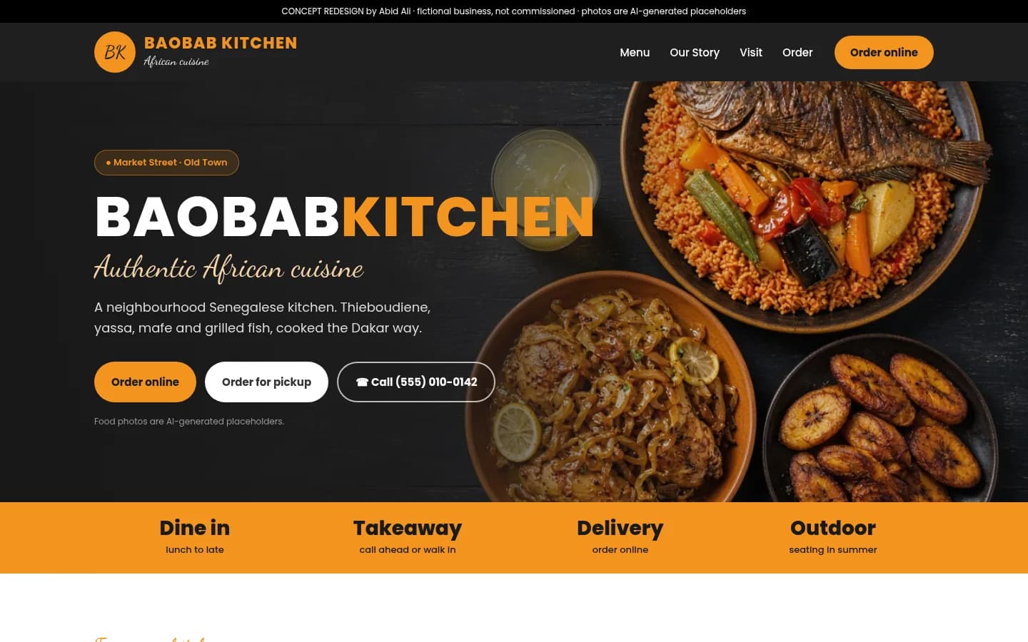 Homepage concept for a West African restaurant, with signature dishes on the first screen