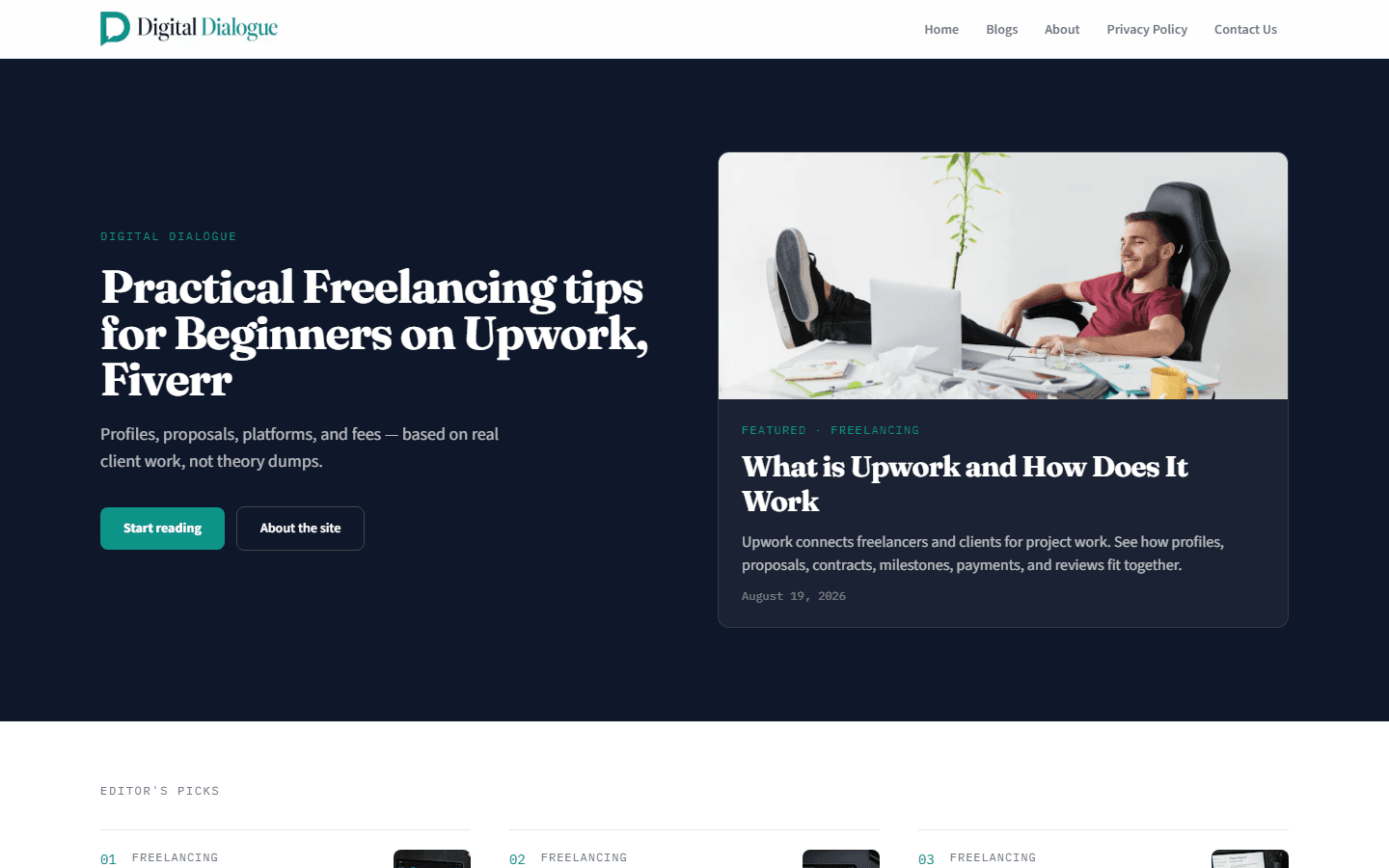 Digital Dialogue home page with the headline Practical Freelancing tips for Beginners on Upwork, Fiverr and a featured article