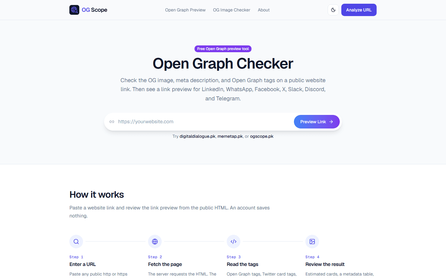 OG Scope home page with a URL field for checking Open Graph previews and a four-step explanation of how it works