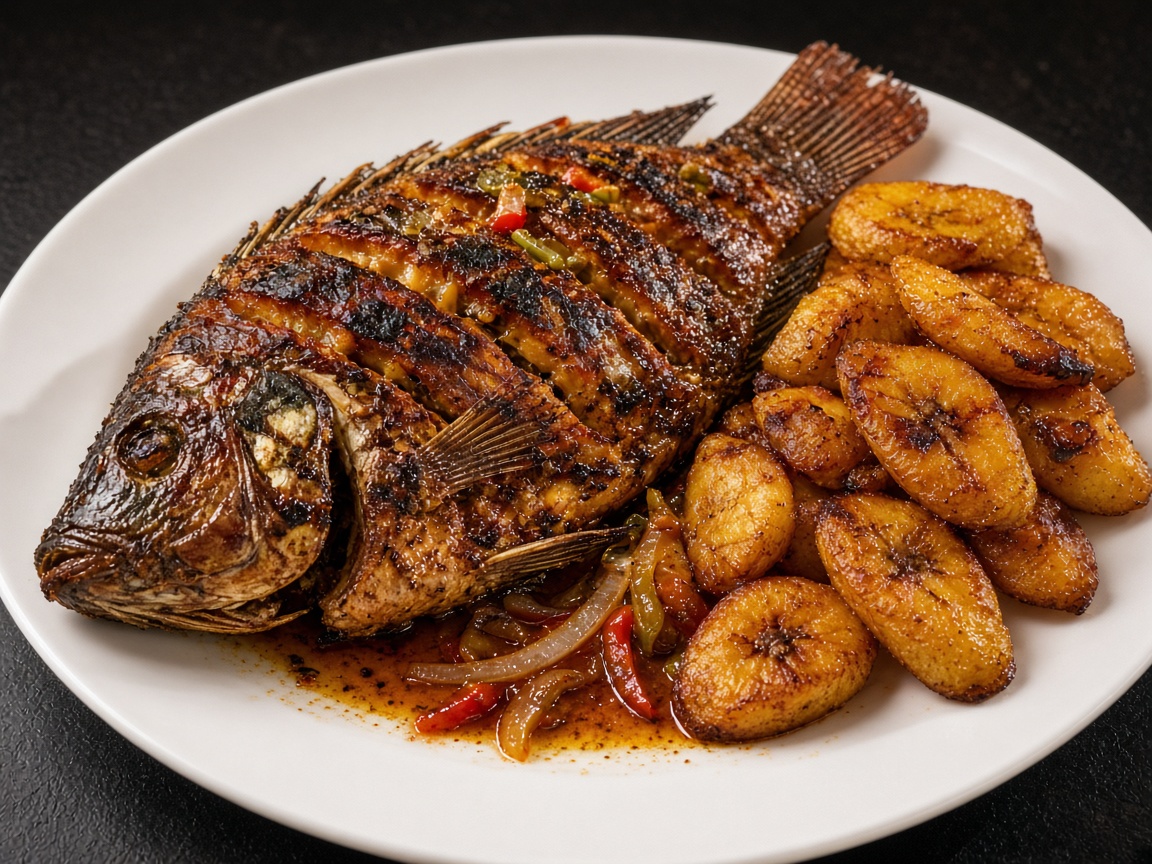 Grilled tilapia with onions and peppers