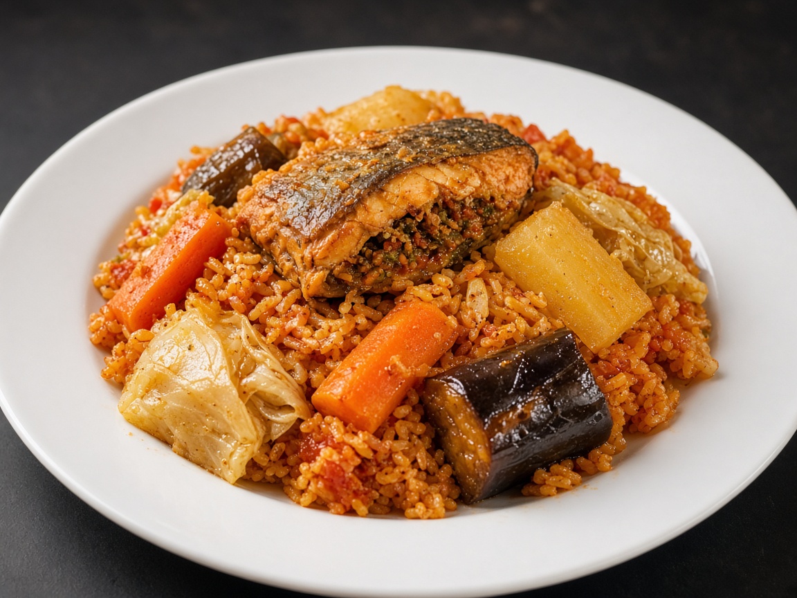 Thieboudiene, tomato rice with fish and vegetables