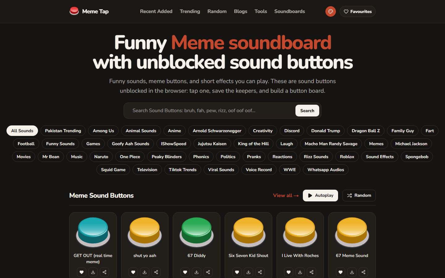 Meme Tap home page with a search bar, category chips, and a grid of sound buttons