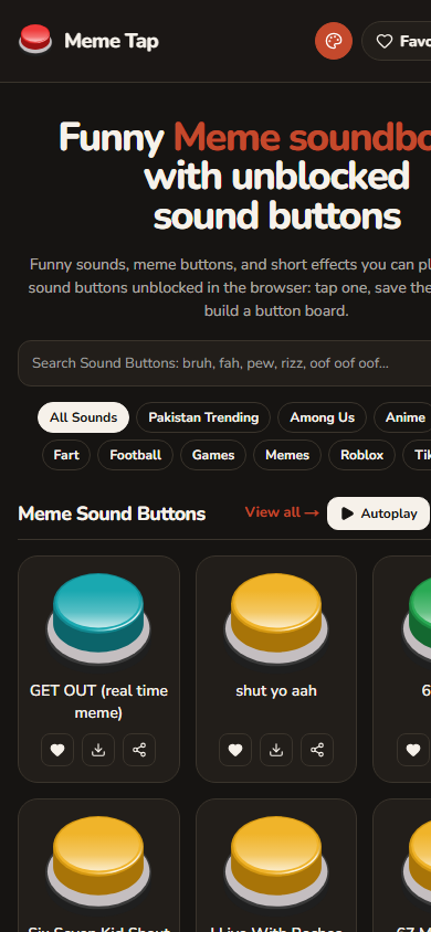 Meme Tap on a phone, with search and stacked sound buttons