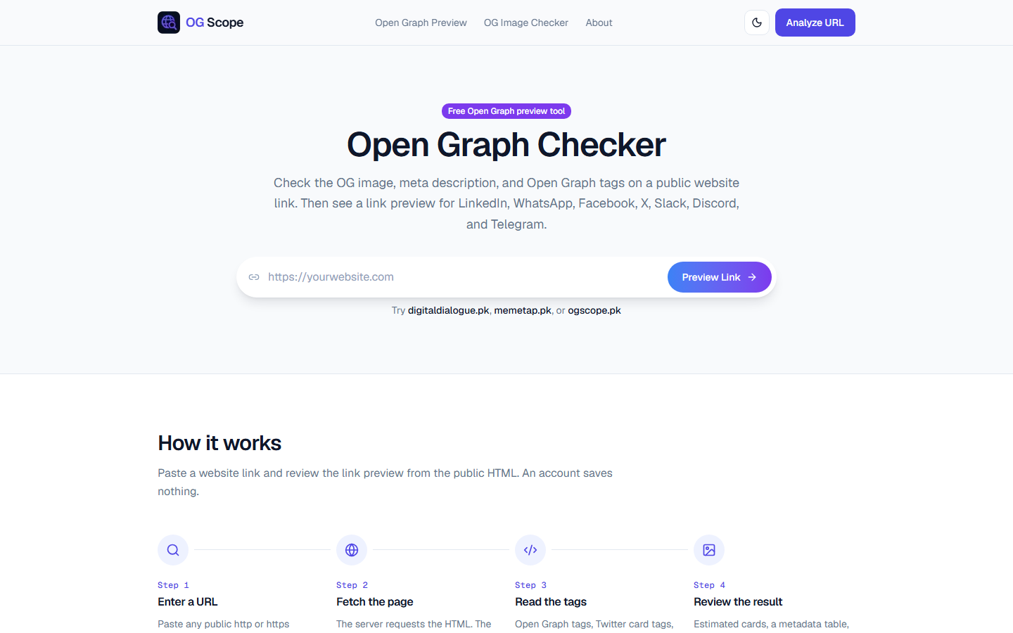 OG Scope home page with a URL field for checking Open Graph previews